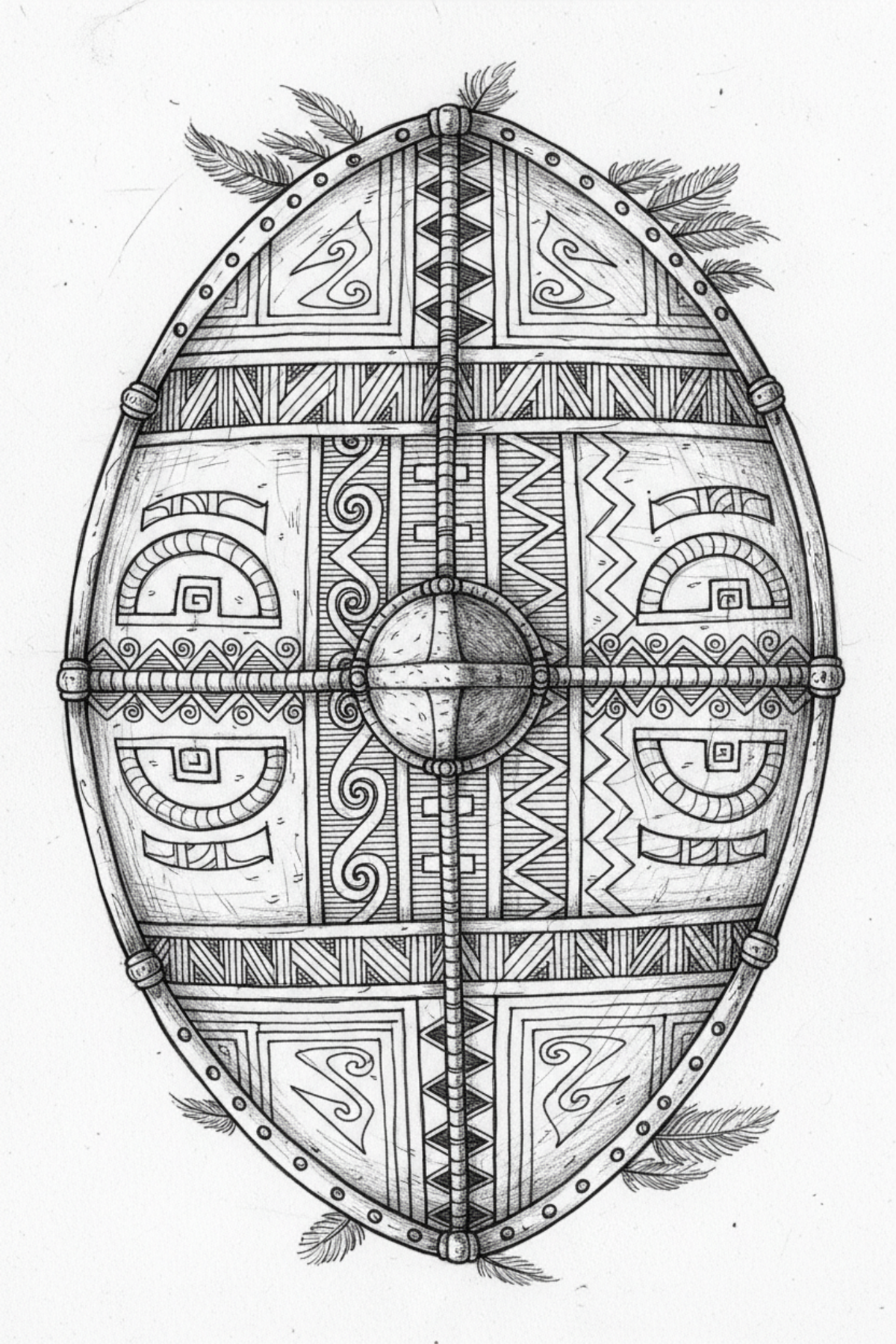 Black and white drawing of African Warrior shield