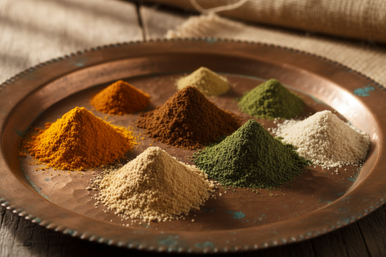 I want the herbs in piles besides each other in a copper platter. Very natural looking.