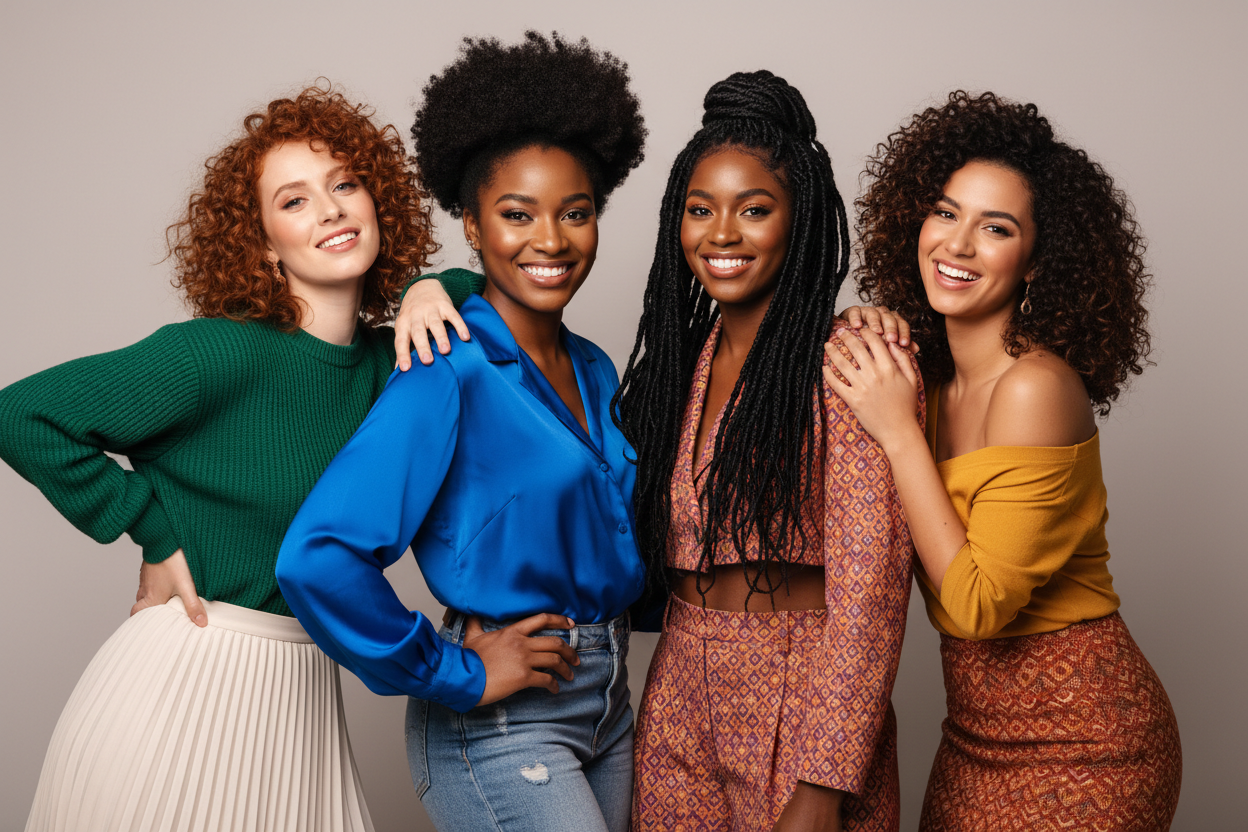 Show me a group beauty shot of 2 African-American females with big 4c hair, one Irish woman with curly hair and one Latina woman with curly hair.  I want them to be warm and inviting and model looking and cool looking. Cool clothes and different poses. 
