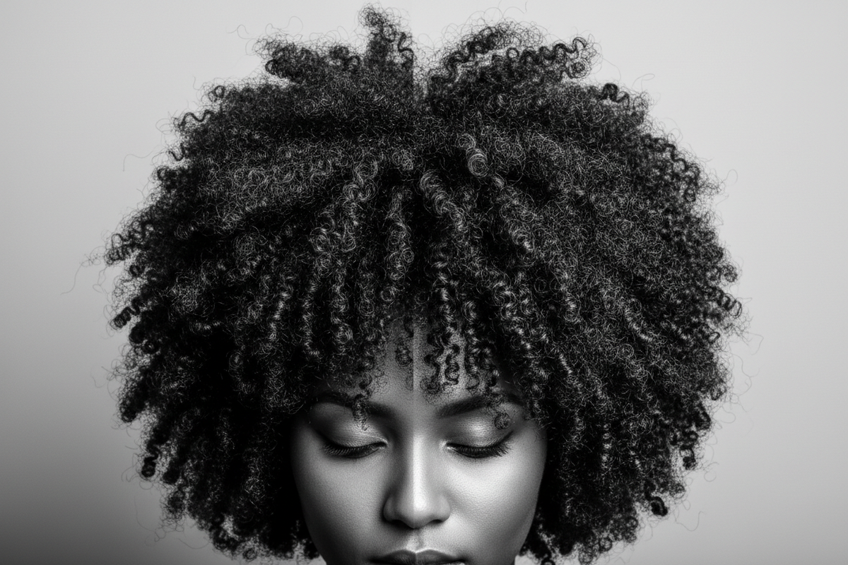 simple picture that conveys the idea "transform your coily afro hair" without words. in black and white. 